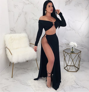 Sexy Off Shoulder Long Sleeve Maxi Dress Black High Split