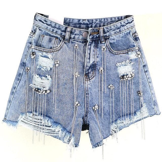 luxurious Tassel Rhinestone Fringed Jeans Shorts