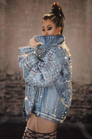 Women Man Pearl Rhinestones Blue Imitation Denim Jacket Fashion Tide Hip Hop Rock Rap Singer Loose Coat Dancer Costume