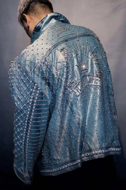 Women Man Pearl Rhinestones Blue Imitation Denim Jacket Fashion Tide Hip Hop Rock Rap Singer Loose Coat Dancer Costume