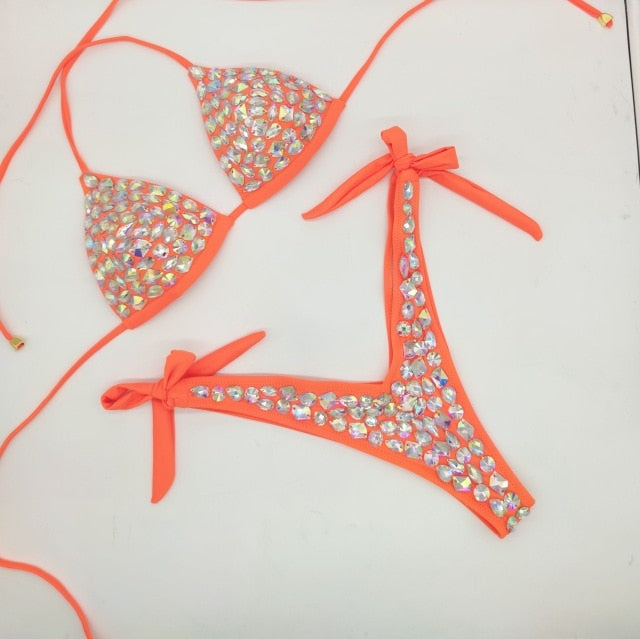 Sexy Luxury Crystal Diamond Thong Bikini Set
