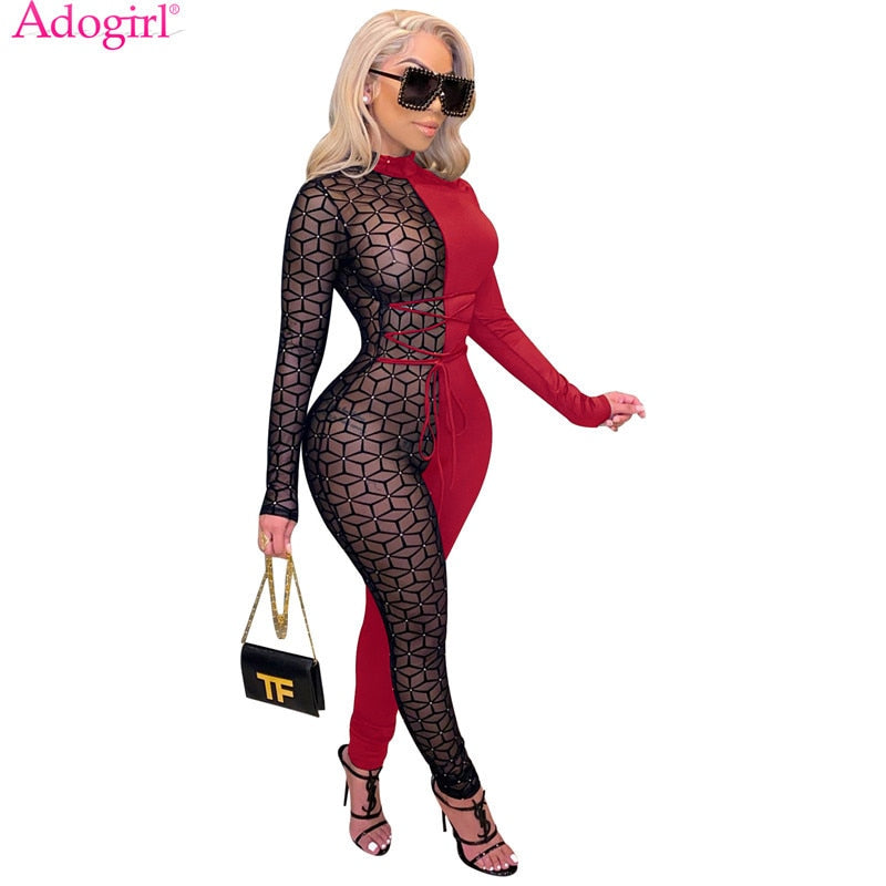 Adogirl Sheer Mesh Patchwork Women Sexy Lace Up Jumpsuit Turtleneck Long Sleeve One Piece Overall Night Club Party Romper