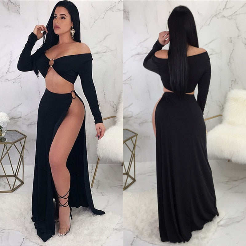 Sexy Off Shoulder Long Sleeve Maxi Dress Black High Split